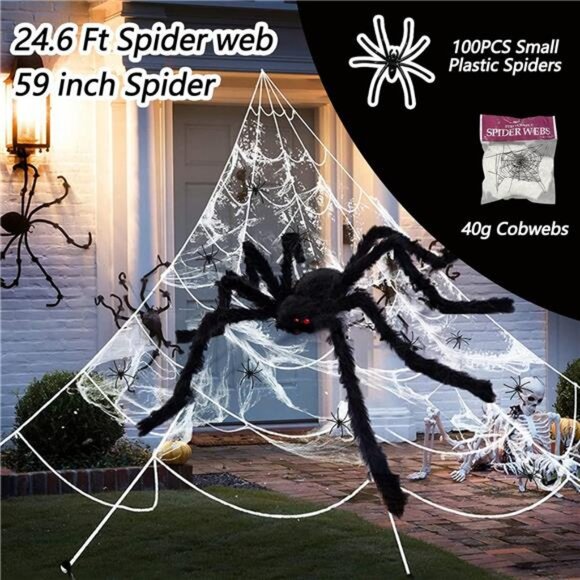 Halloween Decorations - 295" Halloween Spider Web Decorations Outdoor + 59" - Picture 2 of 7